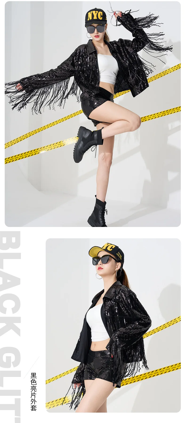 IOOTIANY Damen-Partyjacke mit goldenen und schwarzen Pailletten, glänzende, lässige Pailletten-Blazerjacke mit Fransen, geeignet für Bars, Nachtclubs und Bühnenauftritte. – Detail 7