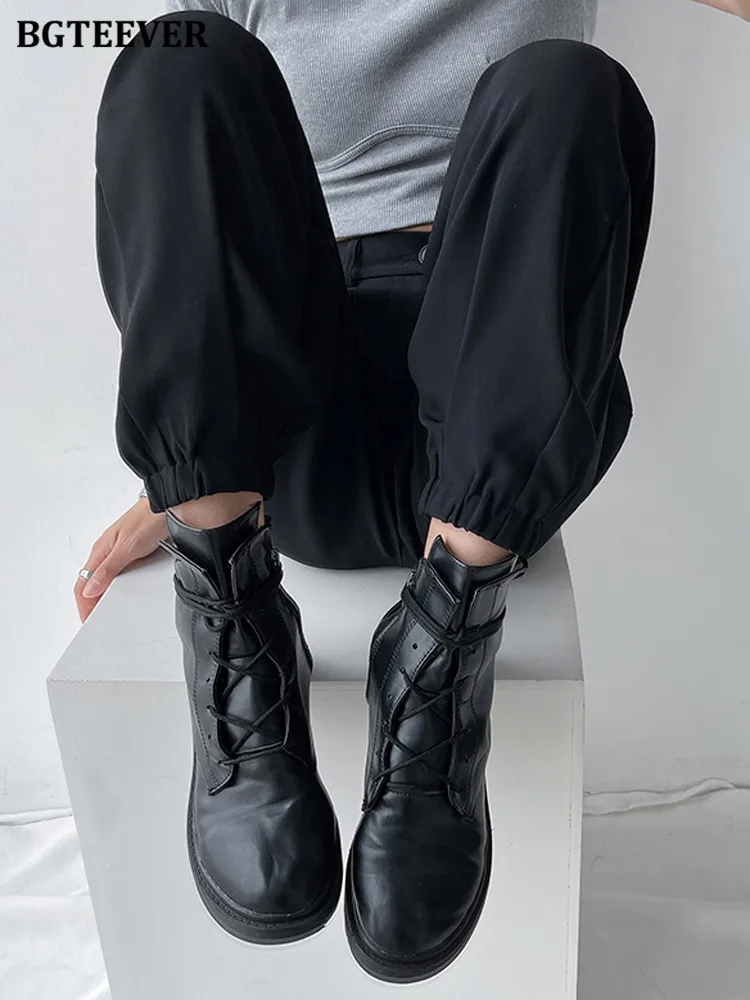 BGTEEVER الربيع الصيف فضفاضة عالية الخصر النساء تسخير السراويل جيوب عادية الكاحل طول واسعة الساق السراويل الإناث