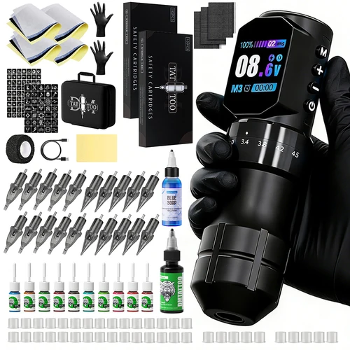 Imagen 2 del producto Kit de Máquina de Tatuar Inalámbrica Negra/Dorada, Pluma de Tatuar de Carrera Ajustable, Motor Sin Núcleo Sin Escobillas con Aguja de Tatuar, Jabón Azul para Tatuar
