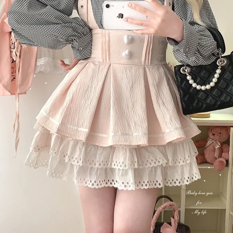 Jupes mignonnes pour femmes, style Harajuku Lolita, garniture en dentelle multicouche, taille élastique, mini jupes pour filles douces, vêtements Kawaii