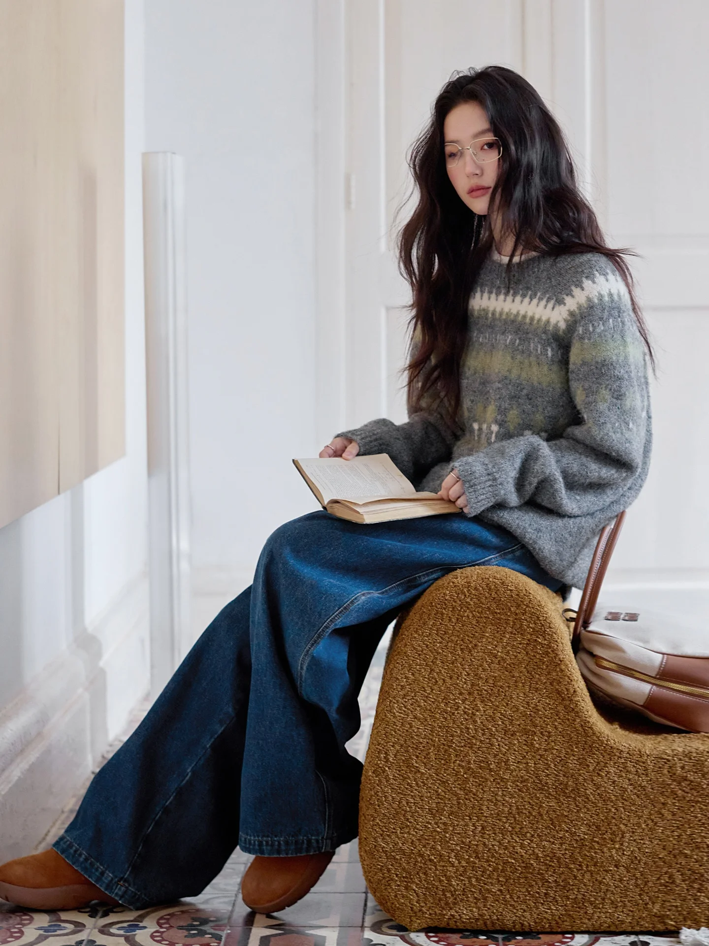 

Casual Sle Fair Isle Wool Sweater Women's Loose Fit oulder Sve Warm Thermal Leisure Knitwear Floral Embroidery Detail