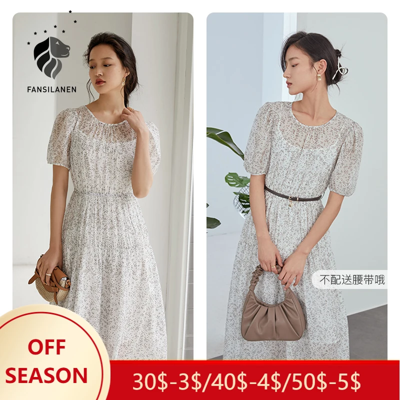 

FSLE Office Ladies Floral Chiffon Long Dress Women Summer 2021 New Gentle Wind Round Neck A-line High Waist Skirt