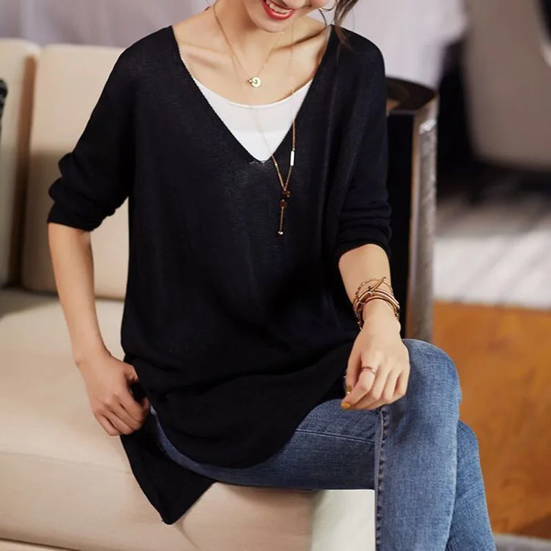 Fashion V-Neck Spliced Korean Fake Two Pieces Blouse Women's Clothing 2022 Autumn New Oversized Casual Pullovers Commute Shirt