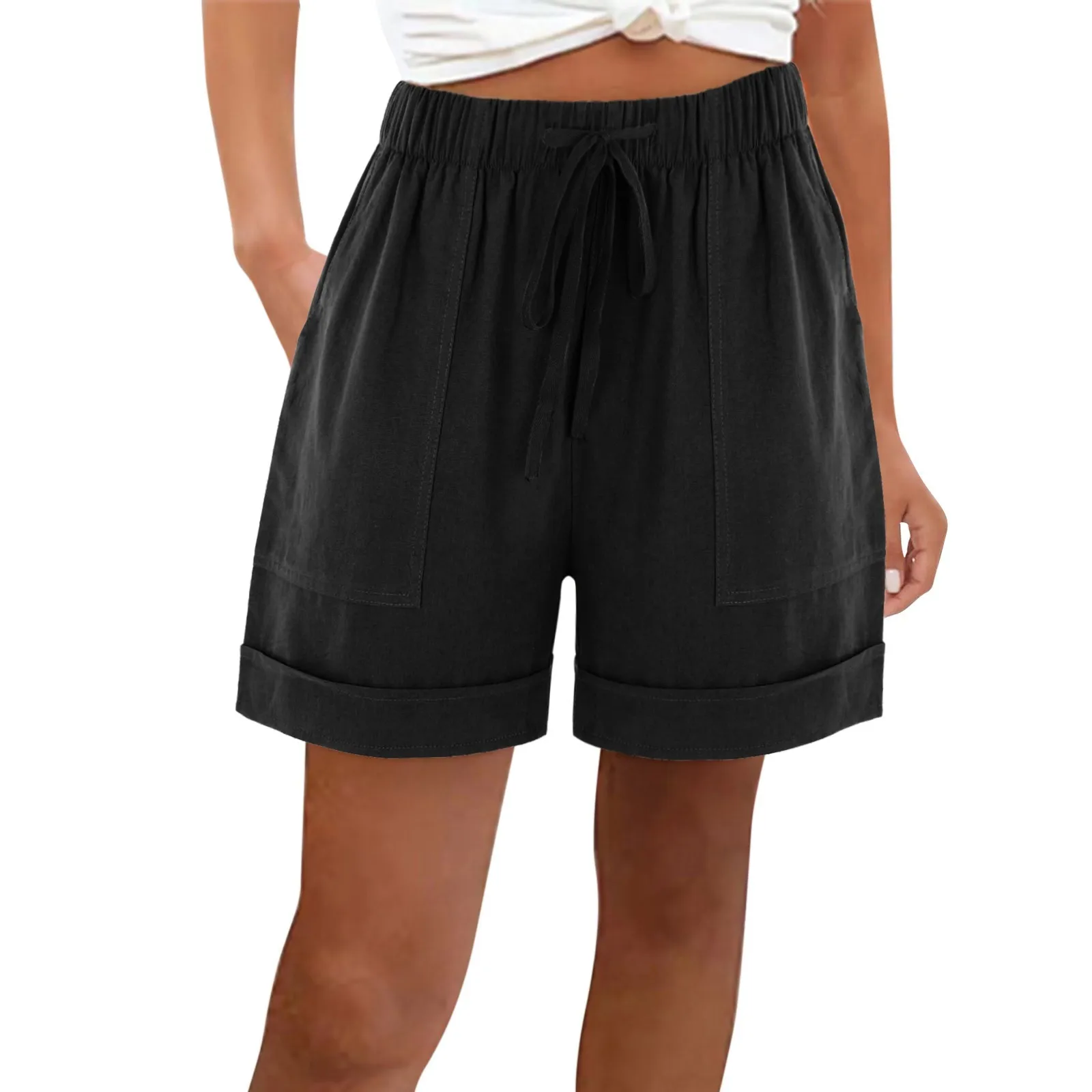 Short Confortable pour Femme, Biack artificiel astique, Proximité, Wstring, Décontracté, Taille Haute, avec Poches, Été 2024