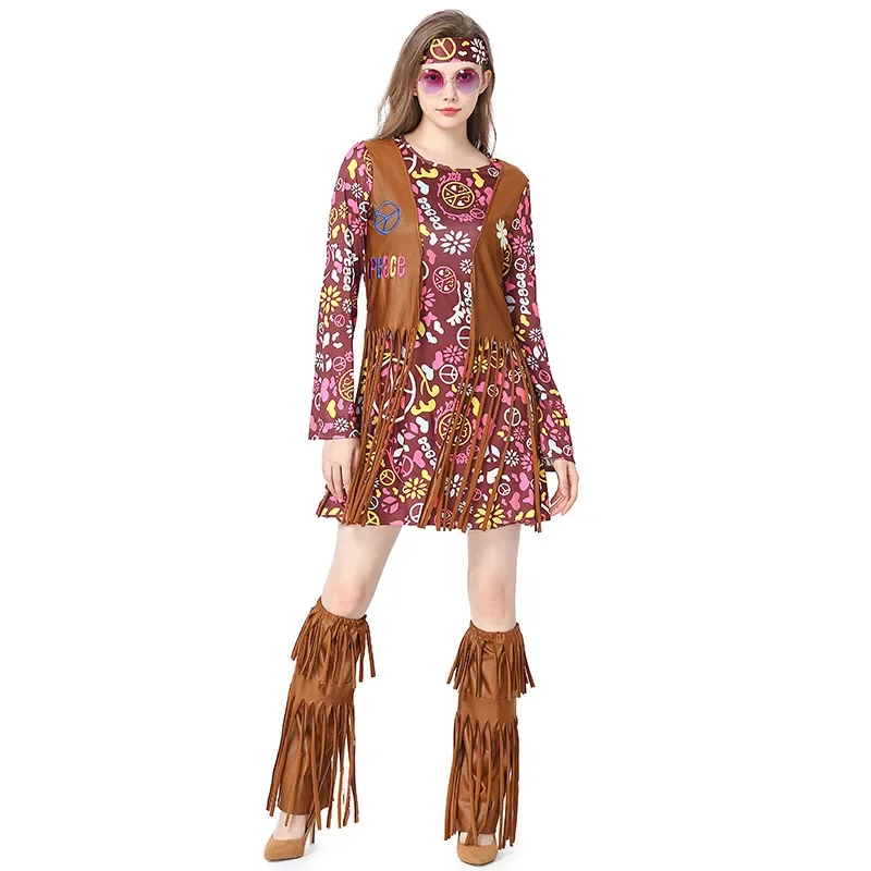 60s 70s Disco Hippie Cosplay Costume Tassel Stage Costume Pearl Secret Love Retro Outfit Bohemian Style Women Dress Up for Adult