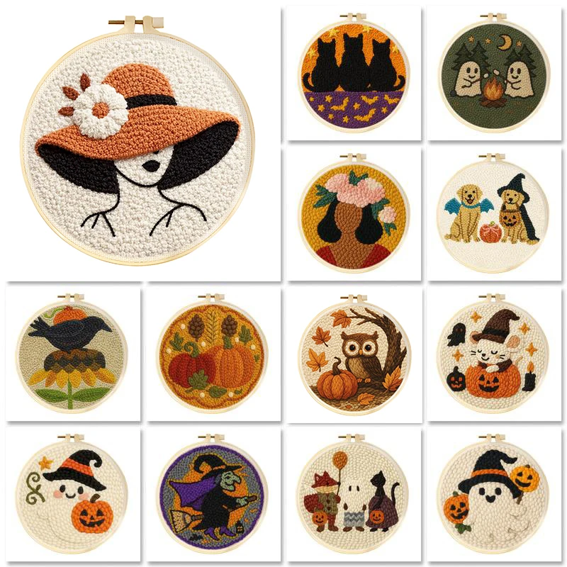 

DIY Punch Needle Kit for Beginners Halloween Designs Magic Pock with Hoop Embroidery Yarn and Needles Folk Art For Home Decor ﻿