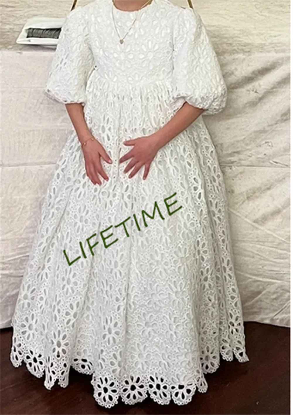 Half Sleeve White Lace Flower Girl Dress For Wedding Puffy Balloon Sleeve Pricness Pageant Birthday High Neck Girl Dresses