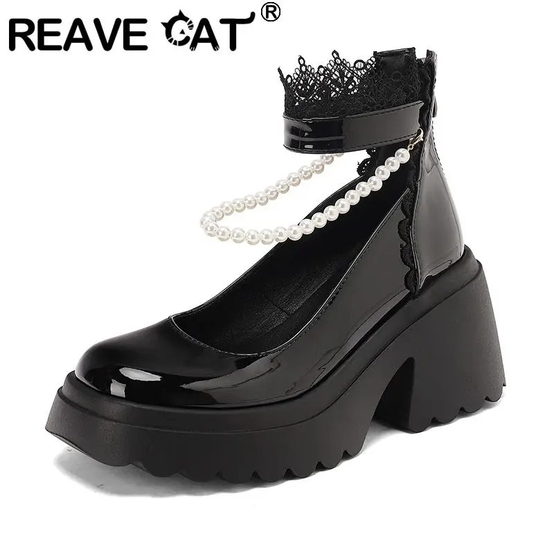 

REAVE CAT White Shiny Women Pumps Round Toe 8cm Chunky Heel Zipper String Beads Sweet Dating Lolita Style Gilrs Mary Janes Shoes