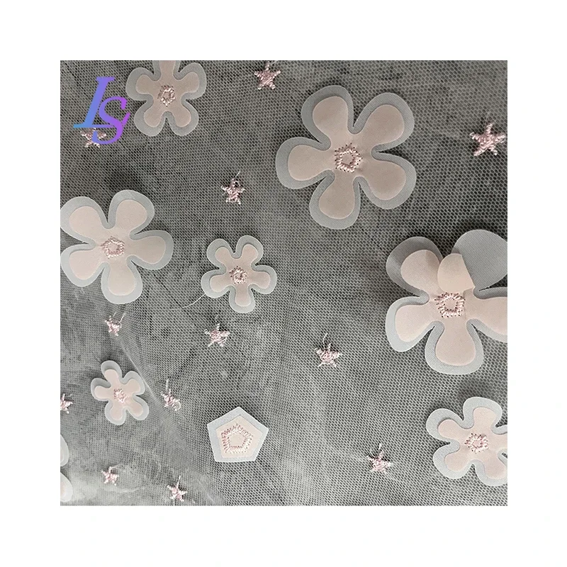 Pink three-dimensional flowers mesh gauze fabric star embroidery light top skirt garment decoration designer fabric