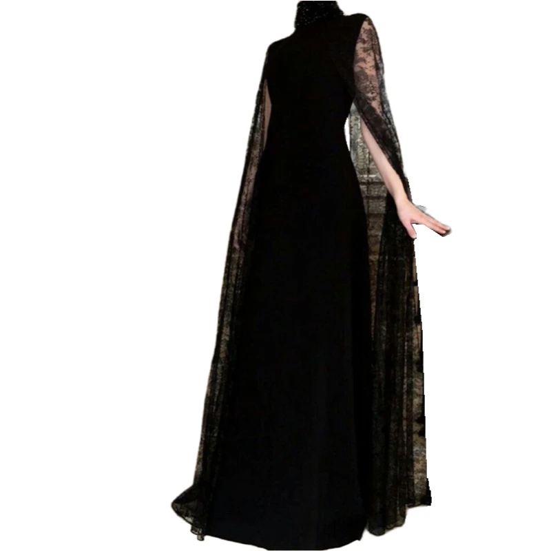 Elegant Dubai Black Evening Dresses With Lace Cape Sleeves High Neck A Line Floor Length Simple Velvet Formal Dress For Women