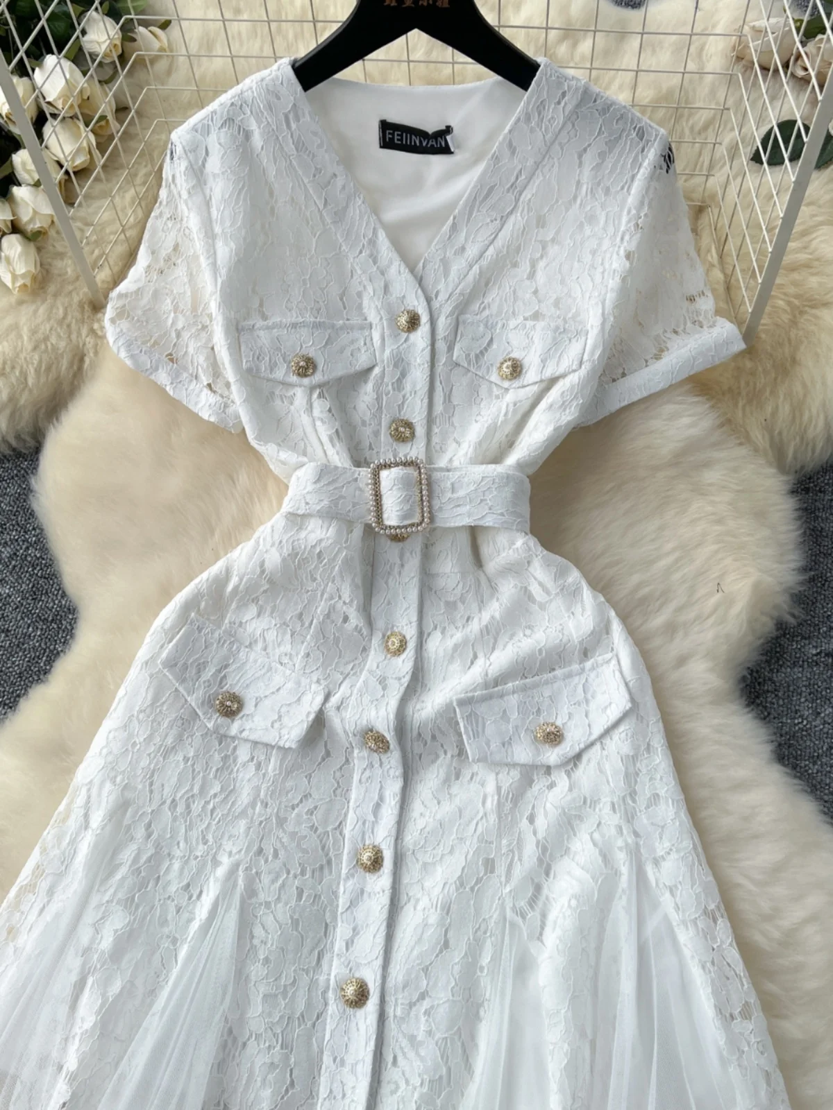 Summer Holiday Flower Embroidery White Lace Prom Dress Women Short Sleeve Single Breasted Crystal Diamonds Evening Party Vestido
