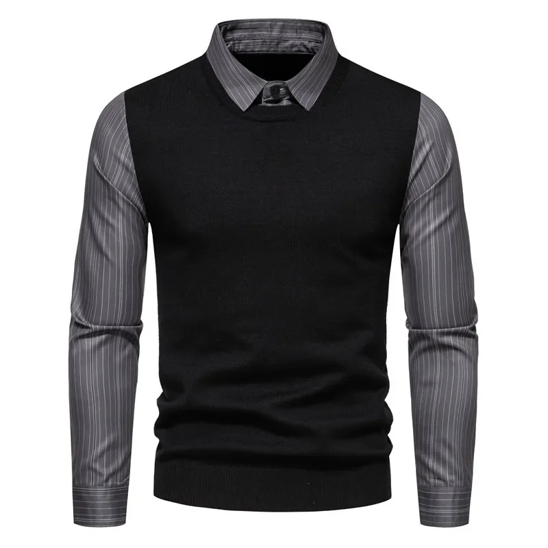 

2023 Autumn and Winter New Men's Sweater Slim Fit Splice Fake Two Piece Knitted Shirt Collar Men's Coat