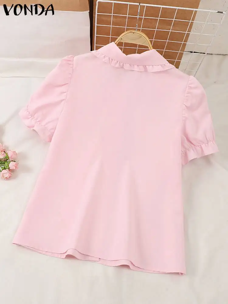 Women Elegant Shirts 2024 VONDA Fashion Summer Short Sleeve Tops Casual Solid Color Shirts Loose Lapel Neck Tunic Blusas Baggy