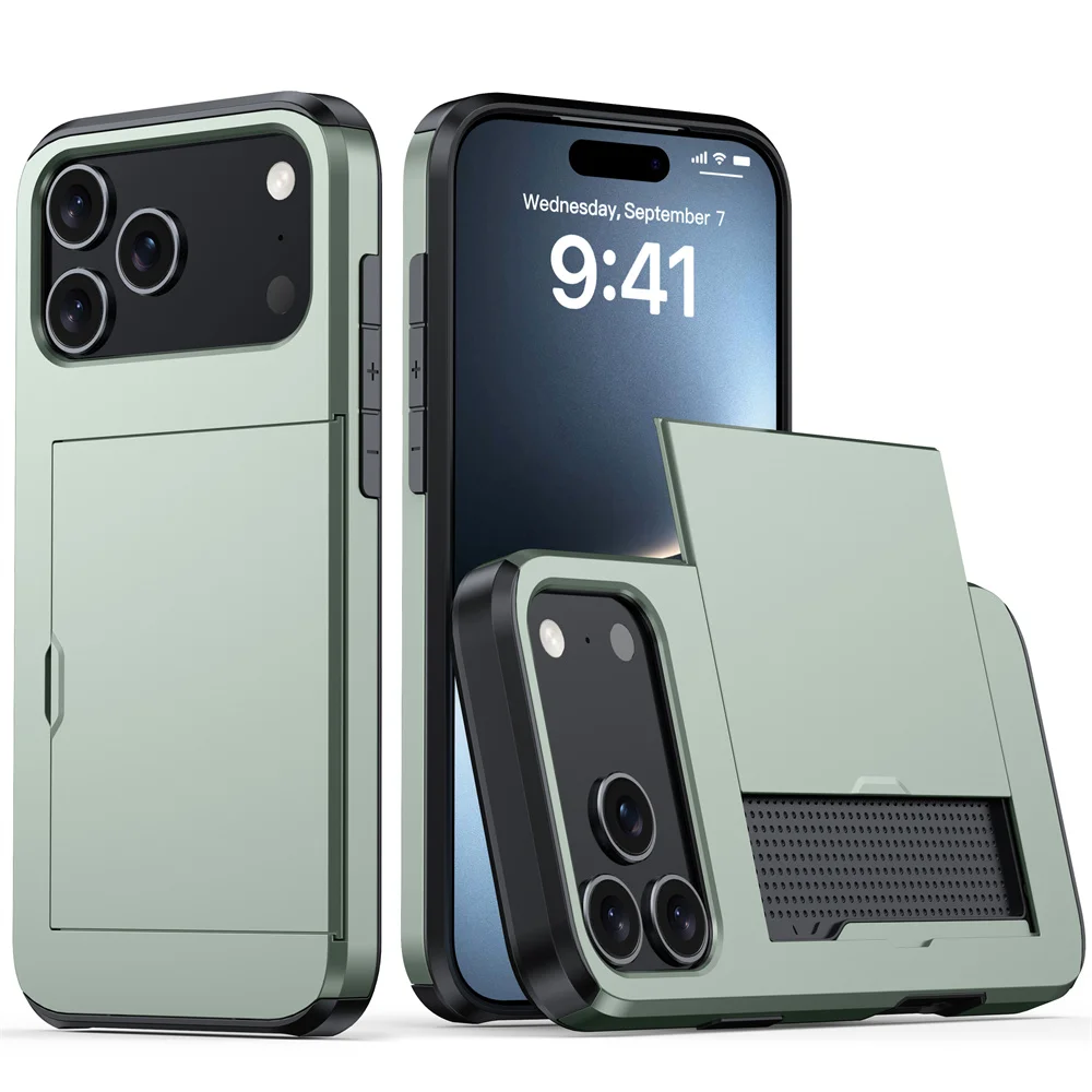 Robuste Handyhülle für iPhone 18 17 16 Plus 15 Pro 15 14 13 12 11 Pro Max mit Brieftaschen-Kartenhalter und Schiebeverschluss aus hartem PC-Schutzmaterial – Detail 7
