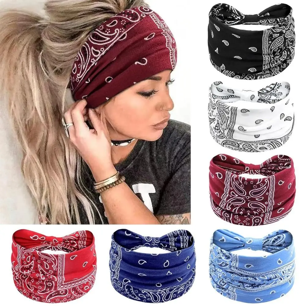 Cashew Print Boho Knot Turbans Headwrap Elastic Wide Edge Floral Bandanas Headband Colorful Unisex Yoga Headband Girls Ladies