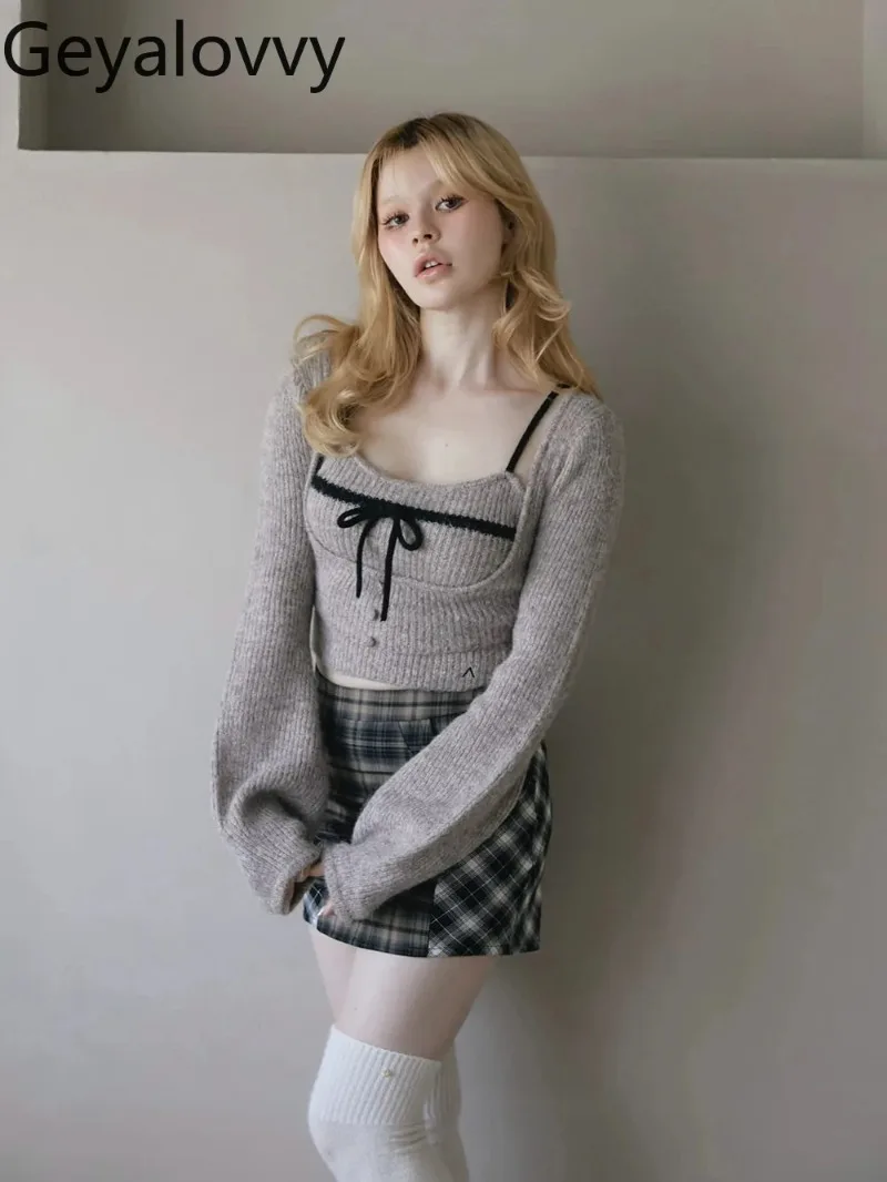 Autumn Winter Japanese Style Sweet Temperament Lady Long Sleeve Knitted Pullover Base Bowknot Vest Short Tops Two-Piece Set