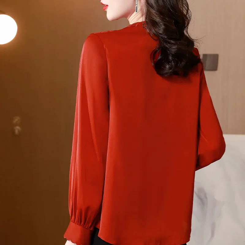 #2524 Red Blue Satin Womens Tops And Blouses V-neck Embroidery Hollow Out Basic Blouse Buttons Long Sleeve Woman Shirts Spring