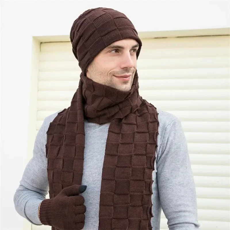 Bufanda larga tejida para hombre, conjunto de 3 piezas, guantes para hombre, gorro de protección de felpa cálido para invierno 2019, bufandas y