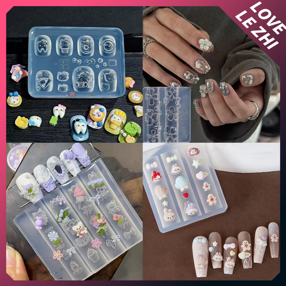 

1Pc Lovely Hello Kitty Bear Cat Dog 3D Acrylic Mold Nail Art Decorations Beautiful Flowers Bowknot Mushroom Silicone Nails Mold