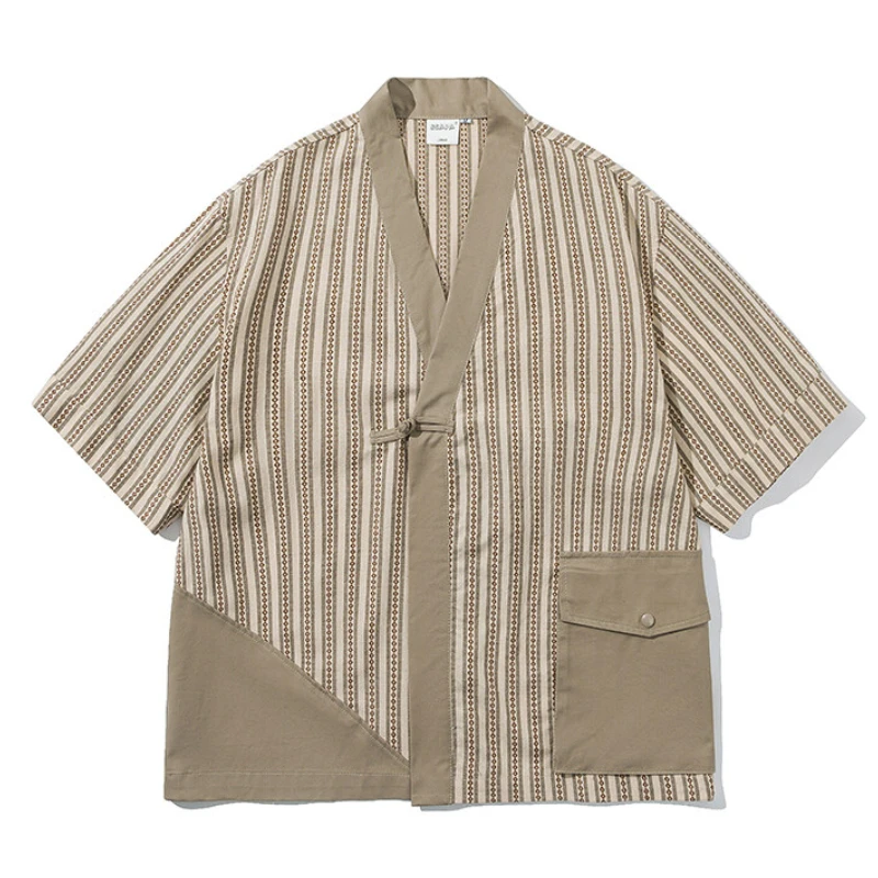 Fashion Stripe Pocket Haori Summer Traditional Japanese Robe Shirt Vintage Contrasting Colors Men Kimono 2025