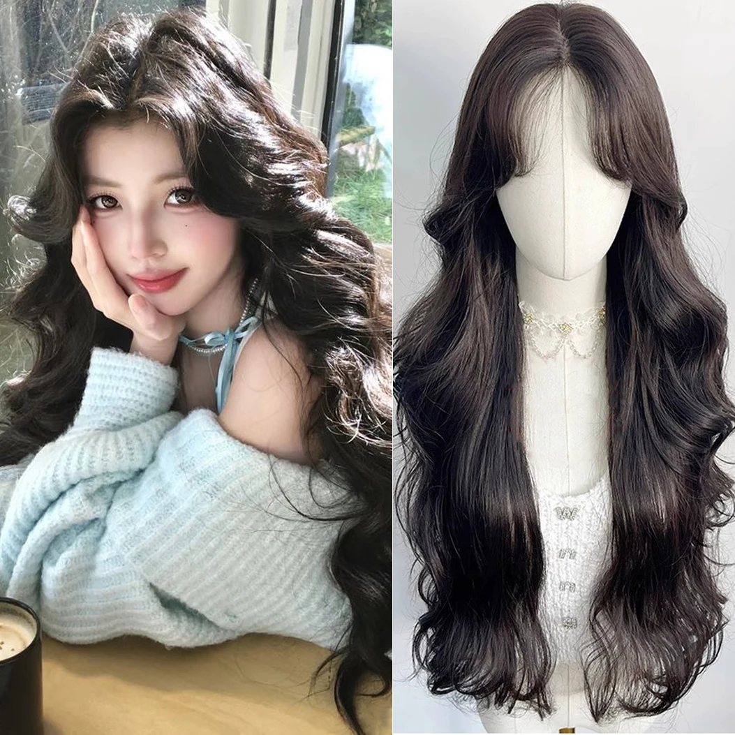 

Синтетический черный парик для женщин, длинный волнистый парик с челкой, многослойный парик для повседневного использования и вечеринок