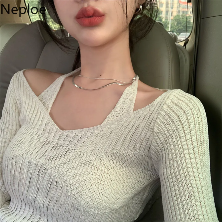 Fashion Women Cropped Sweater Korean V Neck Y2K Tops Pullover Halter Off Shoulder Sweaters Long Sleeve Fake Two Piece Clothes