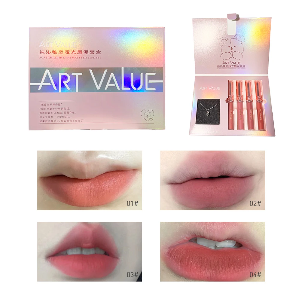 Matte Liquid Lipstick Lip Gloss Set Moisturizing Sexy Makeup Mirror Lip Glaze Necklace Lipgloss Cosmetics For Women Perfect Gift