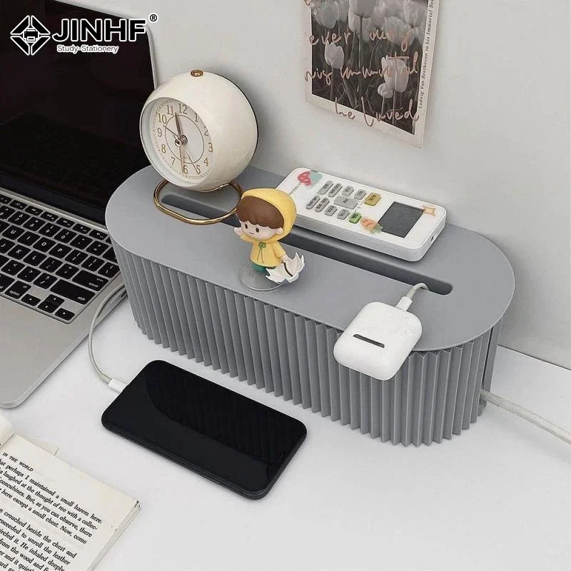 Cable Management Box Wire Storage Organizer With Top Storage Tray Cord Access Holes For Desktop Home Power Cord Hiding Holder