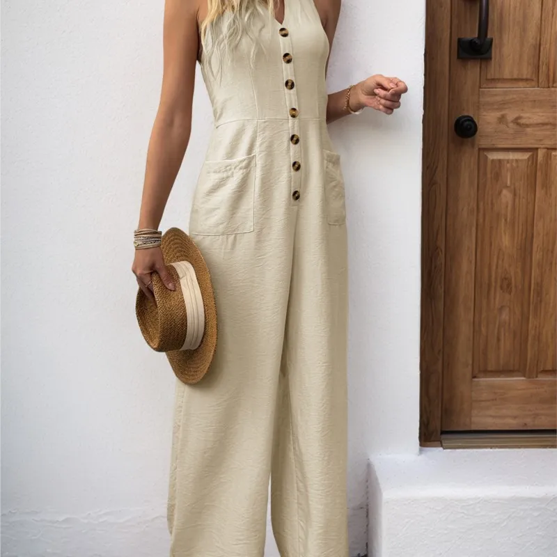 여름용 여성용 점프 슈트 솔리드 컬러 민소매 V 넥 오버올 여성용 레이스 업 백리스 원피스 와이드 레그 팬츠 패션 세트