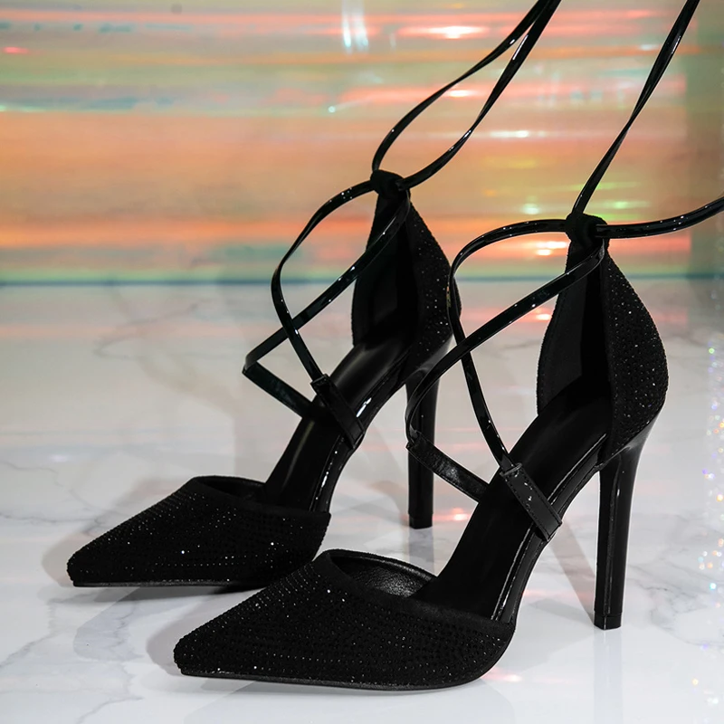 Liyke Fashion Sequined Knee High Cross Strap High Heels Party Stripper Shoes Sexy Pointed Toe Lace Up Pumps Women Stiletto Mujer