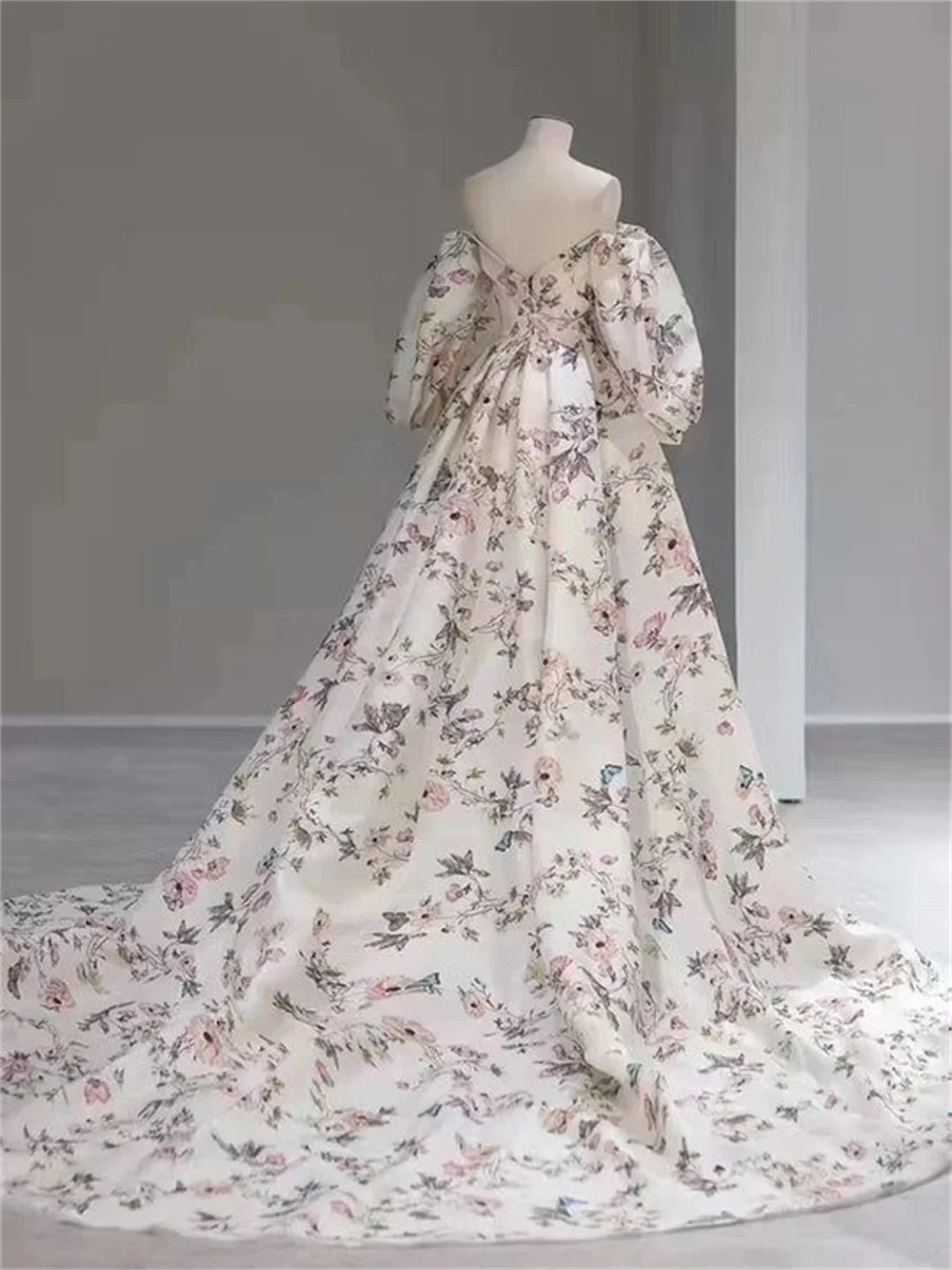 Sansa White Floral Print Prom Dress Customized Wedding Dresses Elegant Puffy Sleeves Side Split Long Train Vestidos De Fiesta