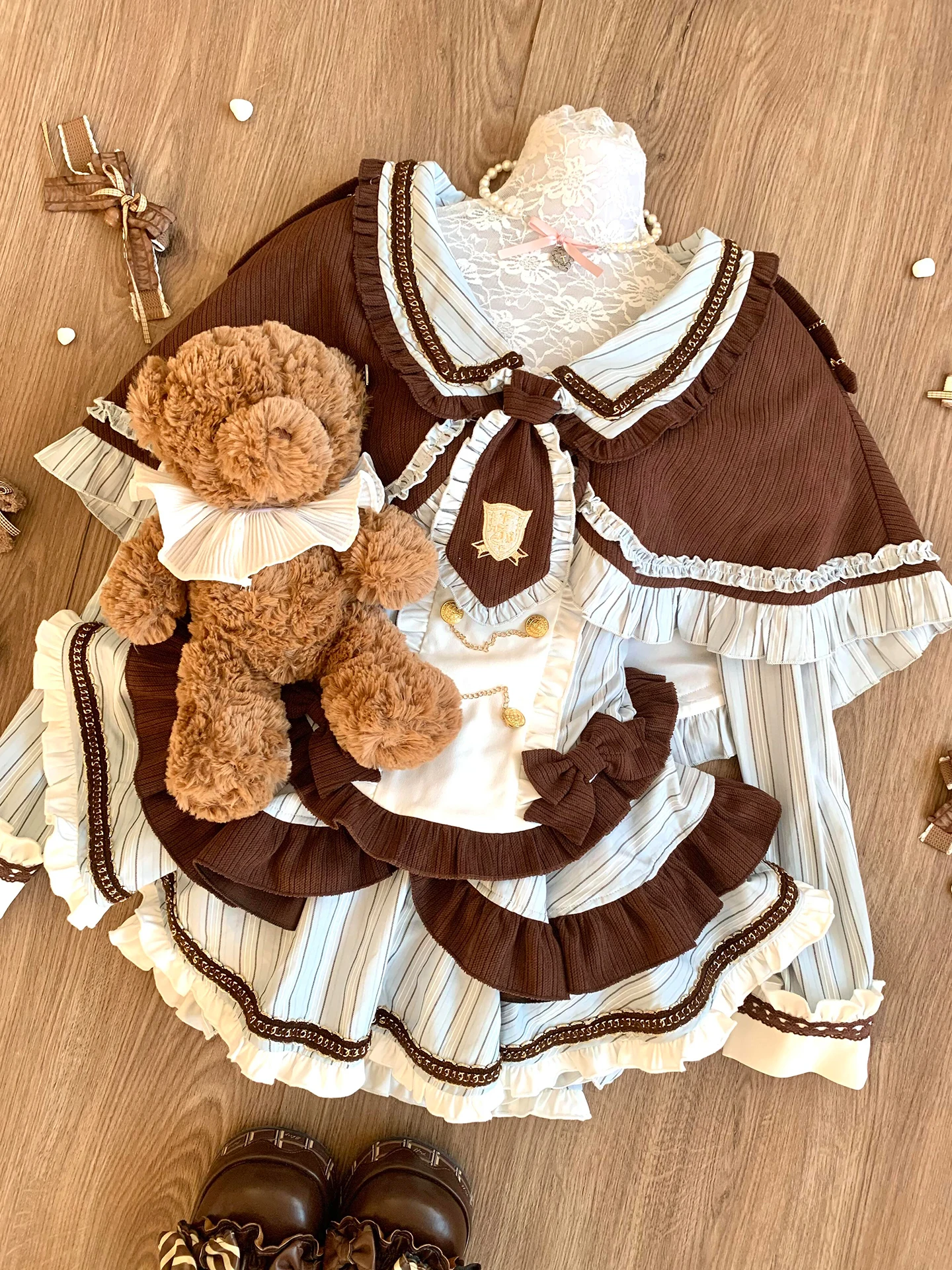 Cute Sweet Girly Chocolate Color Shawl Cape Striped Long Sleeve Shirt Puff Skirt Academy Style Three-Piece Sets Womens Outfits