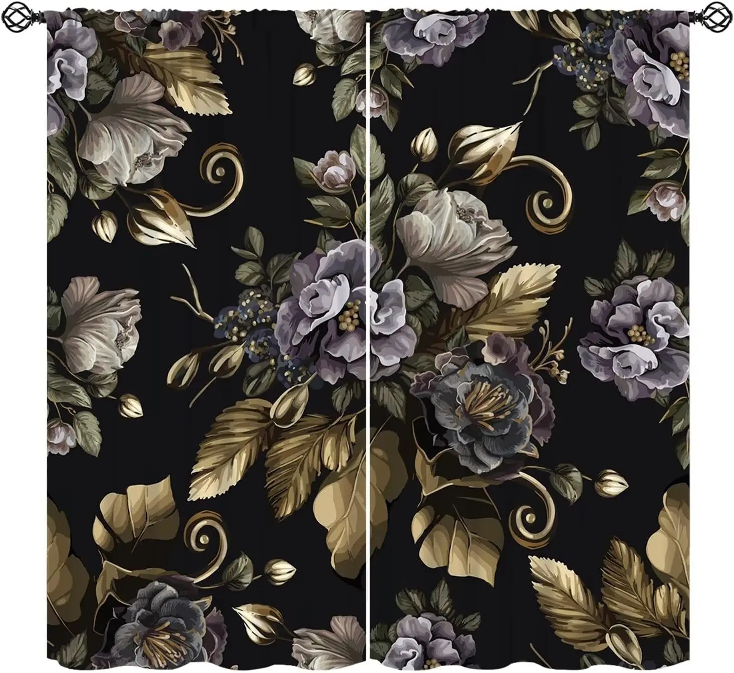 Boho Floral Curtains Rustic Bohemian Flower Colorful Black Gold Leaf Art Printed Blackout Window Drapes for Bedroom Living Room