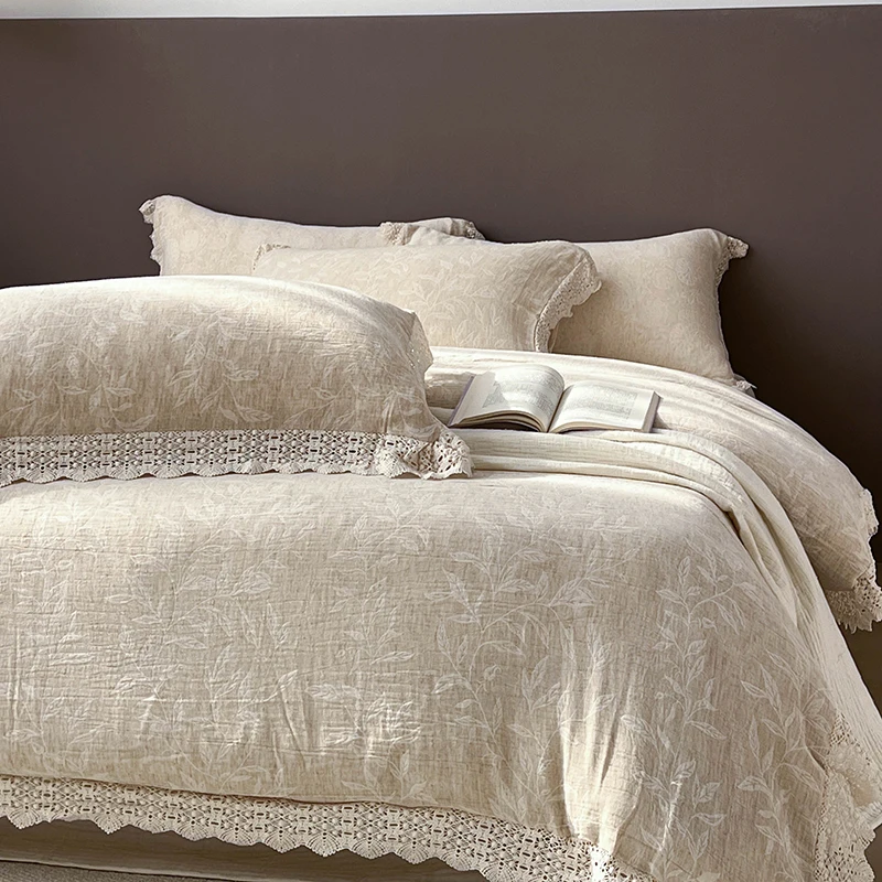 Natural Linen Cotton French Vintage Jacquard Hollow Lace Princess Bedding Set Duvet Cover Bed Sheet/Fitted Sheet Pillowcase 4Pcs