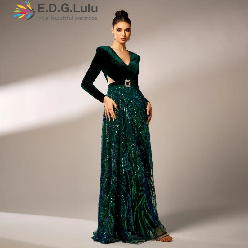 EDGLuLu  Long Sleeves Green Velvet Patchwork Sequin Print Evening Dresses Woman Waist Hollow High Slit Party Long Dresses 1224