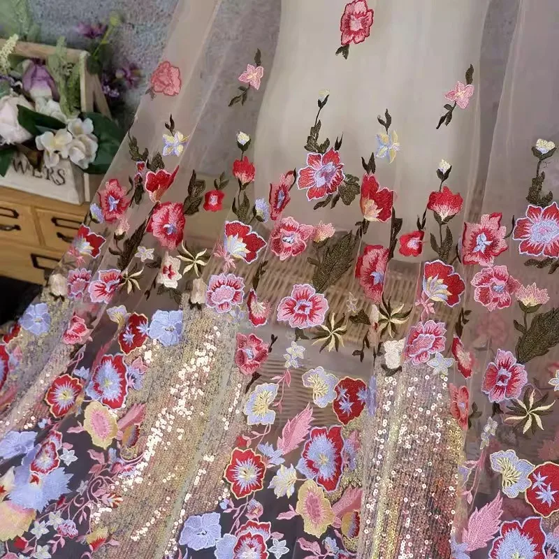 

Элитная ткань из сетки с пайетками и цветной вышивкой для рукоделия, одежды, свадебного декора и аксессуаров