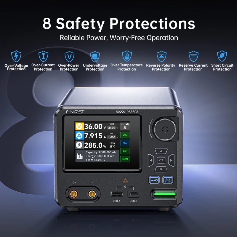 Fnirsi IPS3608 36V 8A 285W DC مزود الطاقة، شاشة منحنية، مخرج شحن سريع، حماية متعددة الأمان