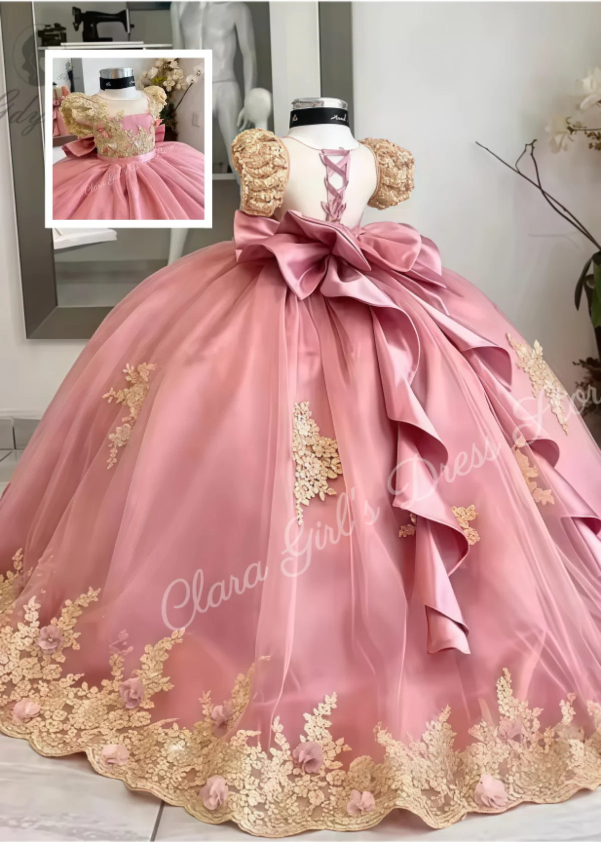 فساتين فتاة الزهور الوردية مع القوس الذهبي الدانتيل يزين الأميرة طفلة عيد ميلاد الكرة ثوب مخصص