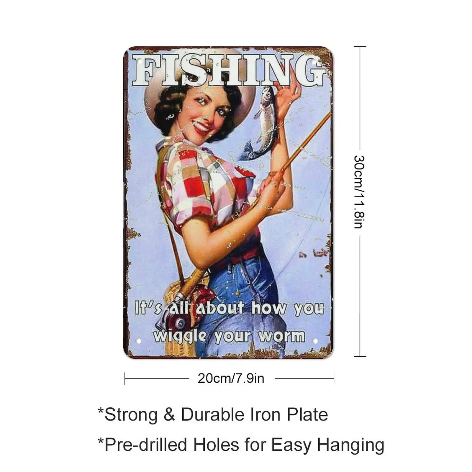 Pin Up Girl Fishing Wiggle Your Worm Retro Metal Tin Sign 8x12 inch Home Decoration Bar Cafe Club Wall Decoration Sign