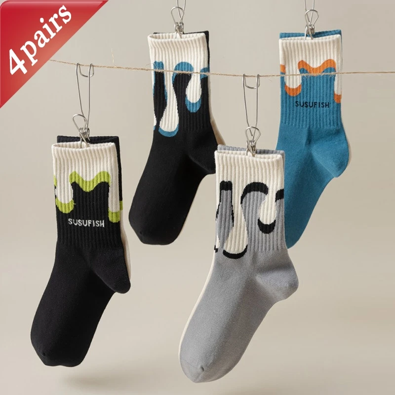 

4 Pairs Unisex Socks Pack American Graffiti Trendy Fashionable Versatile Mid Tube Socks Comfortable Breathable Anti-Odor Socks