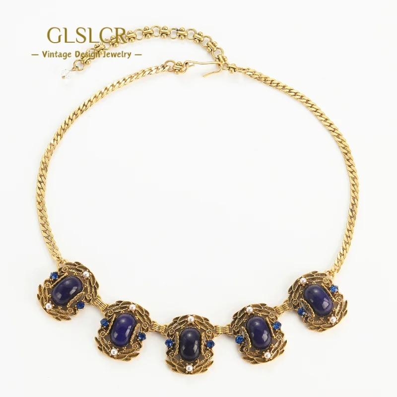 

Vintage Blue Lapis Lazuli Choker Necklace Square Short Chain Gold Color Luxury Designer Jewelry Charms For Women Romantic Dinner