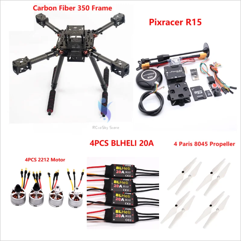 

RCtosky Carbon Fiber 350 Frame Kit Pixracer R15 Flight Control Ardupilot Quadcopter BLHELI 20A 2212 Motor ESC