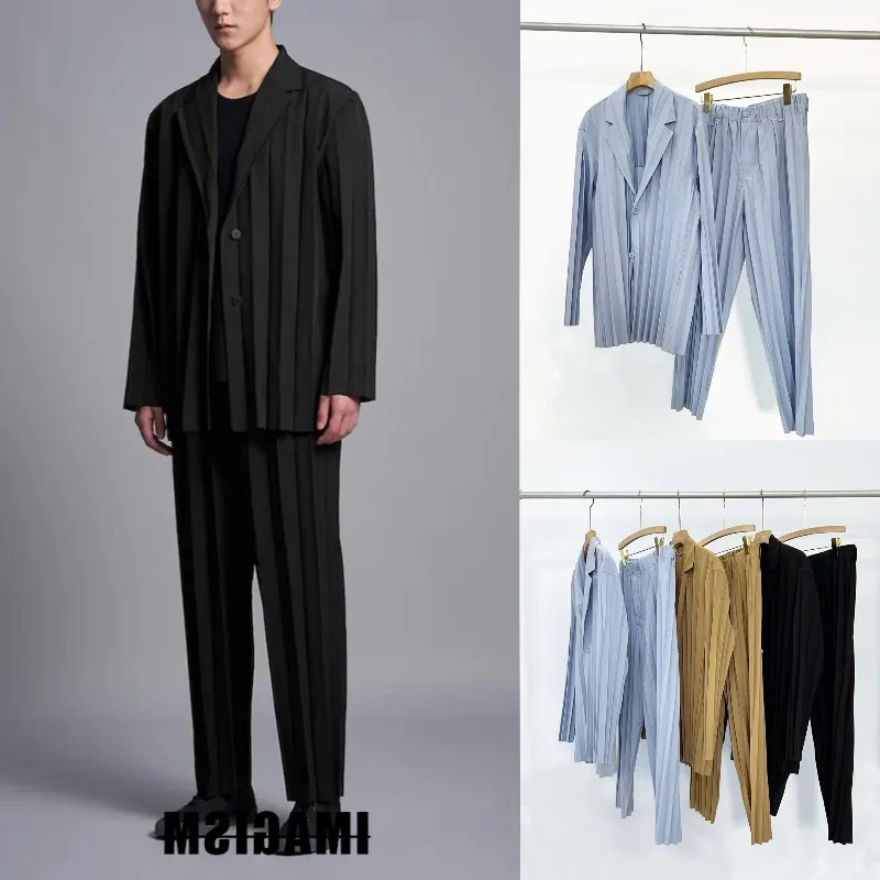 

Miyake плиссированный повседневный брючный костюм, мужской деловой повседневный однотонный однобортный костюм + прямые брюки со складками, японская индивидуальность