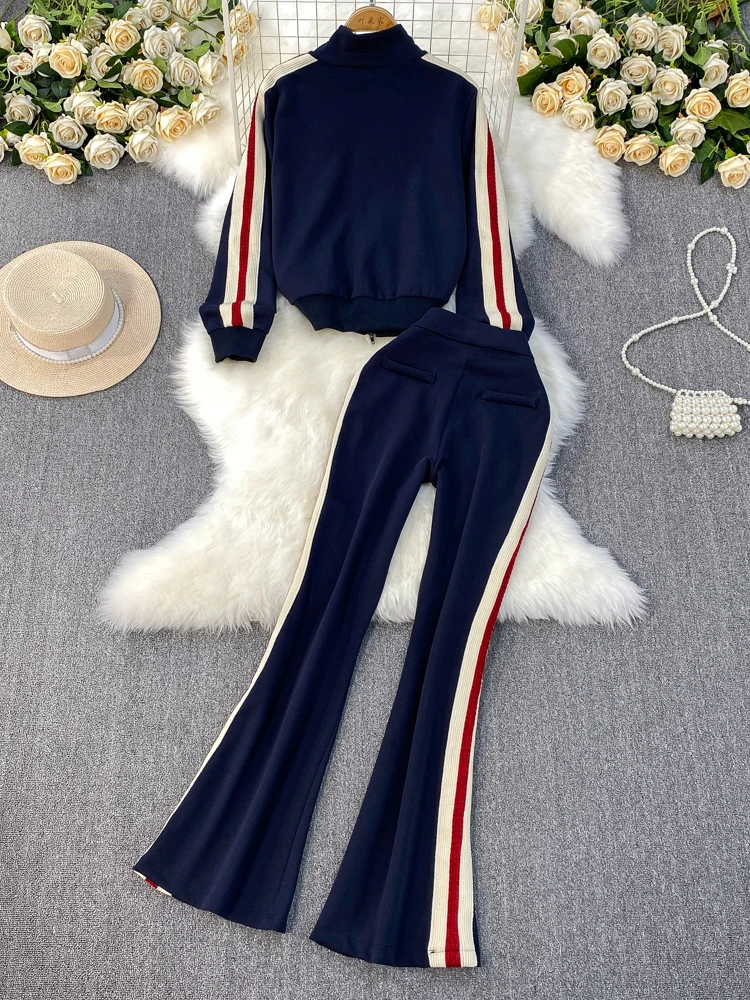 

Ele Spor Casual Women's Set Spring New Slimming Color Blo Side Stripe Sweatirt High Waist Wide Leg Pants
