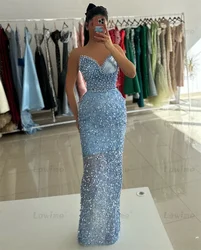 Arabic Aso Ebi Blue Prom Dress 2024 Customize Pearls Beaded Sequins Formal Evening Gowns Women Birthday Engagement Wedding Dress