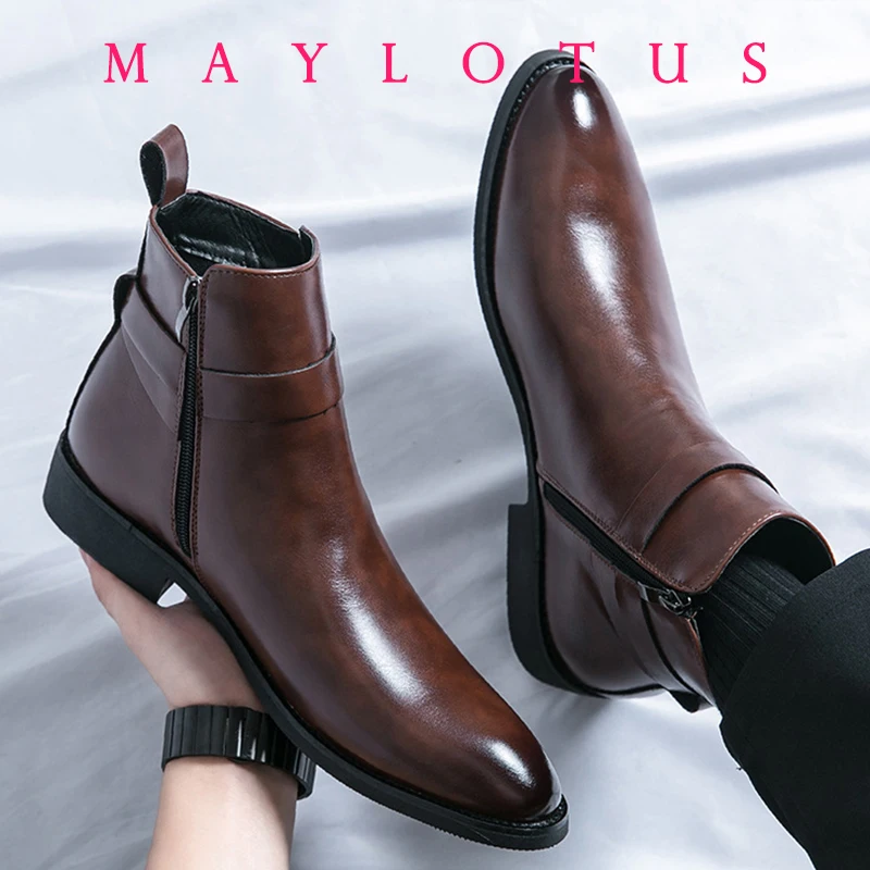 

Fashion Man Classic Business Soft Leather Chelsea Boots Fashion Pointed Ankle Boots Men Casual British Style Short High-Top Shoe