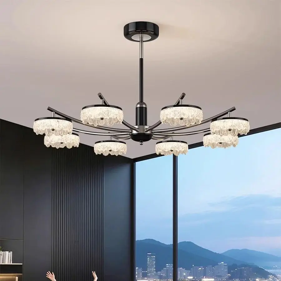Modern 6-Light Crystal Tassel Chandelier, Metal Frame Pendant Light, LED Hanging Lamp for Living Room Dining Room Home Decor