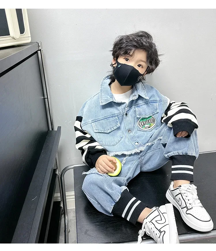 spring autumn boys denim set clothes jacket +pants 2 pcs suit clothing baby outfit fashion patchwork striped boy