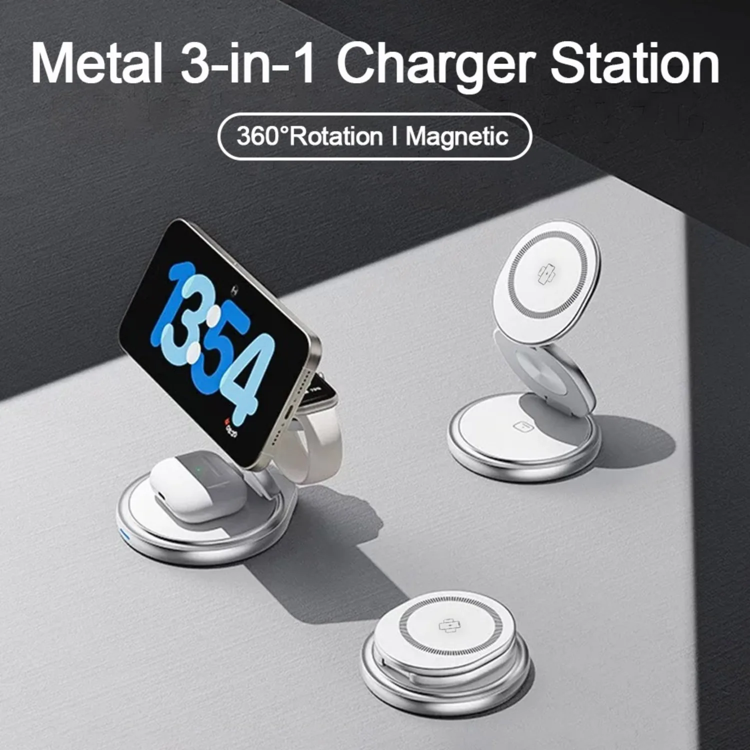 

Metal Wireless Charger 3 in 1 Phone Watch Chargers Station For Magsafe iPhone 16-12 iWatch 10-2 AirPods Pro 4/3/2 Fast Charging