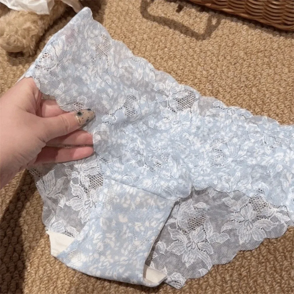 

Lingerie Seamless Lace Thin Panties Transparent Mid Waist Underwear for Women Flower Mesh Lace Briefs Lady